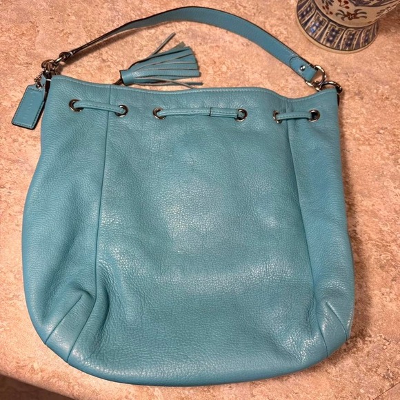 2014 Coach Legacy Drawstring Bucket Bag Turquoise Blue Leather Shoulder Purse main image 6